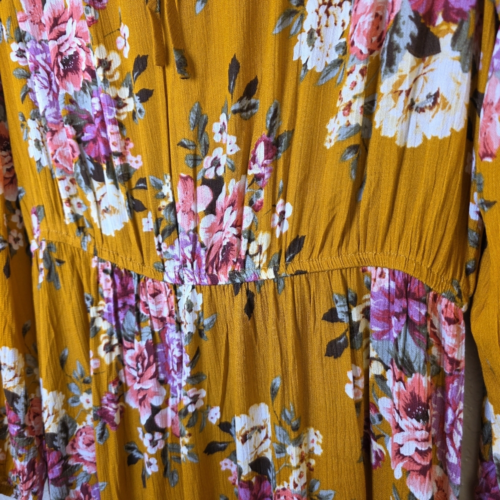 KORI America Boutique Floral Golden Yellow Dress Boho Romantic Tie-Neck – Size L - Picture 13 of 17